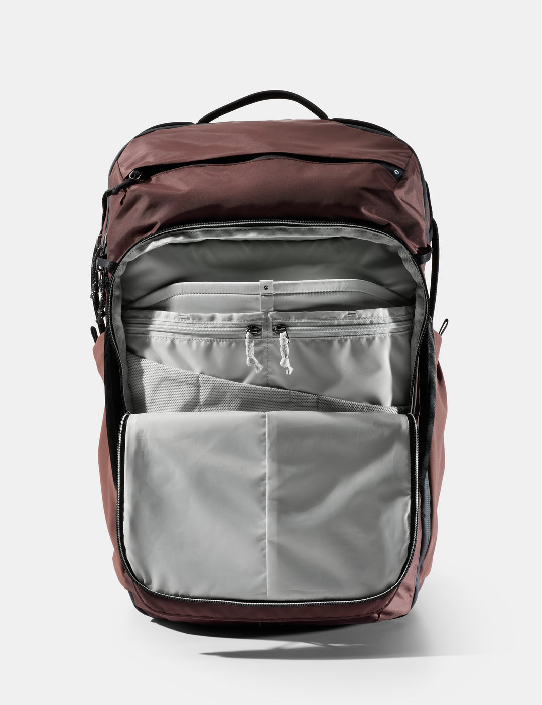 Matador 45L Global Travel Pack in Garnet - garnet and gray backpack with open front compartment on a white background
