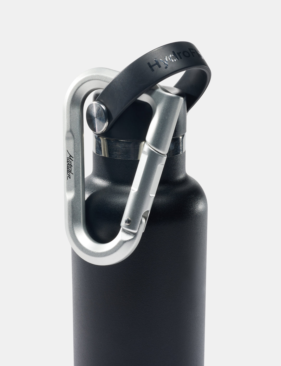 Matador BetaLock in Orchid - black water bottle with silver carabiner on a white background