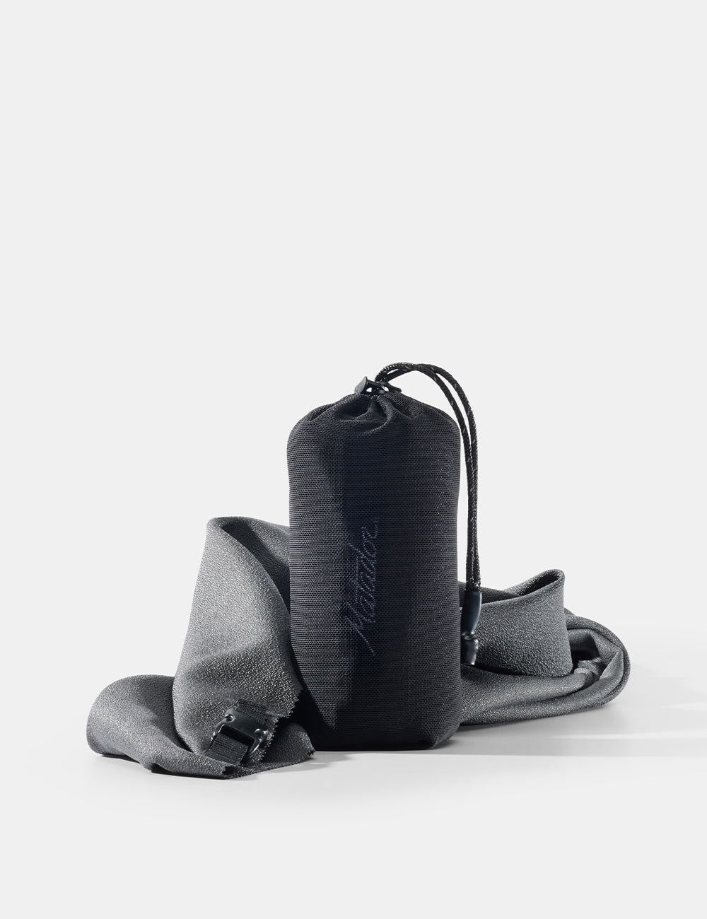 Matador Ultralight Travel Towel - Large 120 x 60cm - gray towel and pouch on a white background