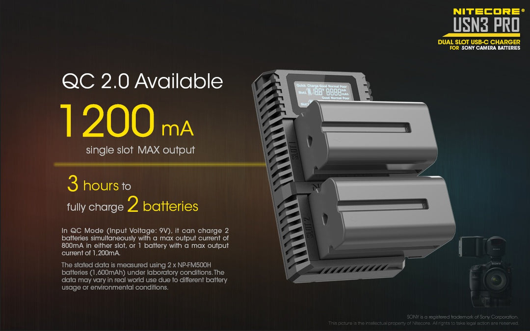 USN3 PRO (Sony NP-FM500H, NP-F730, NP-F750, NP-F770, NP-F970, NP-F550) Dual-Slot Battery Charger