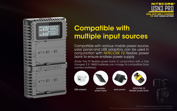 USN3 PRO (Sony NP-FM500H, NP-F730, NP-F750, NP-F770, NP-F970, NP-F550) Dual-Slot Battery Charger
