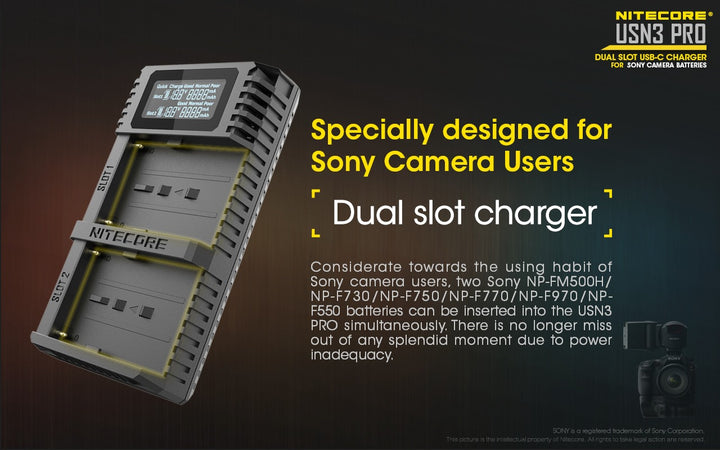 USN3 PRO (Sony NP-FM500H, NP-F730, NP-F750, NP-F770, NP-F970, NP-F550) Dual-Slot Battery Charger