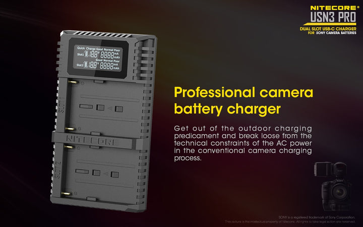 USN3 PRO (Sony NP-FM500H, NP-F730, NP-F750, NP-F770, NP-F970, NP-F550) Dual-Slot Battery Charger