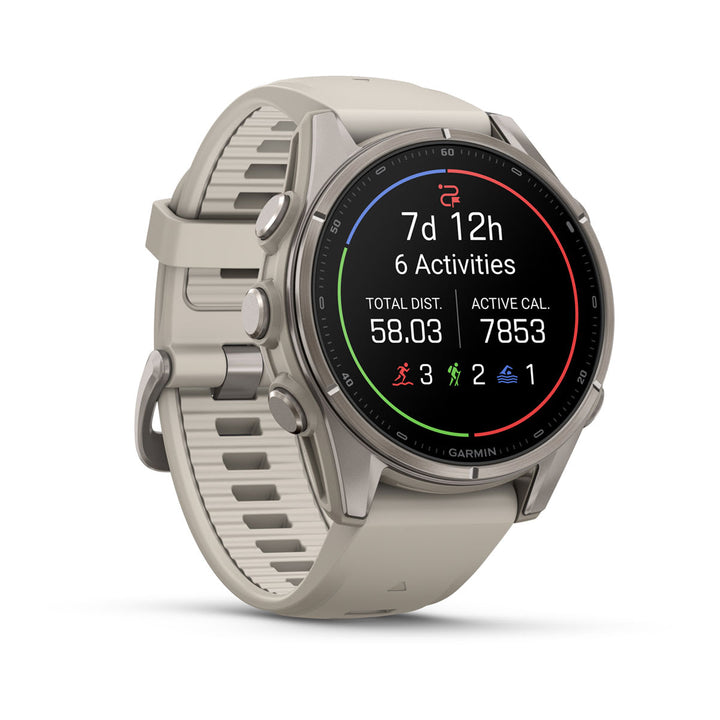 Garmin fēnix 9 - 43 mm Titanium with Fog Gray Band studio view - Nitecore Singapore
